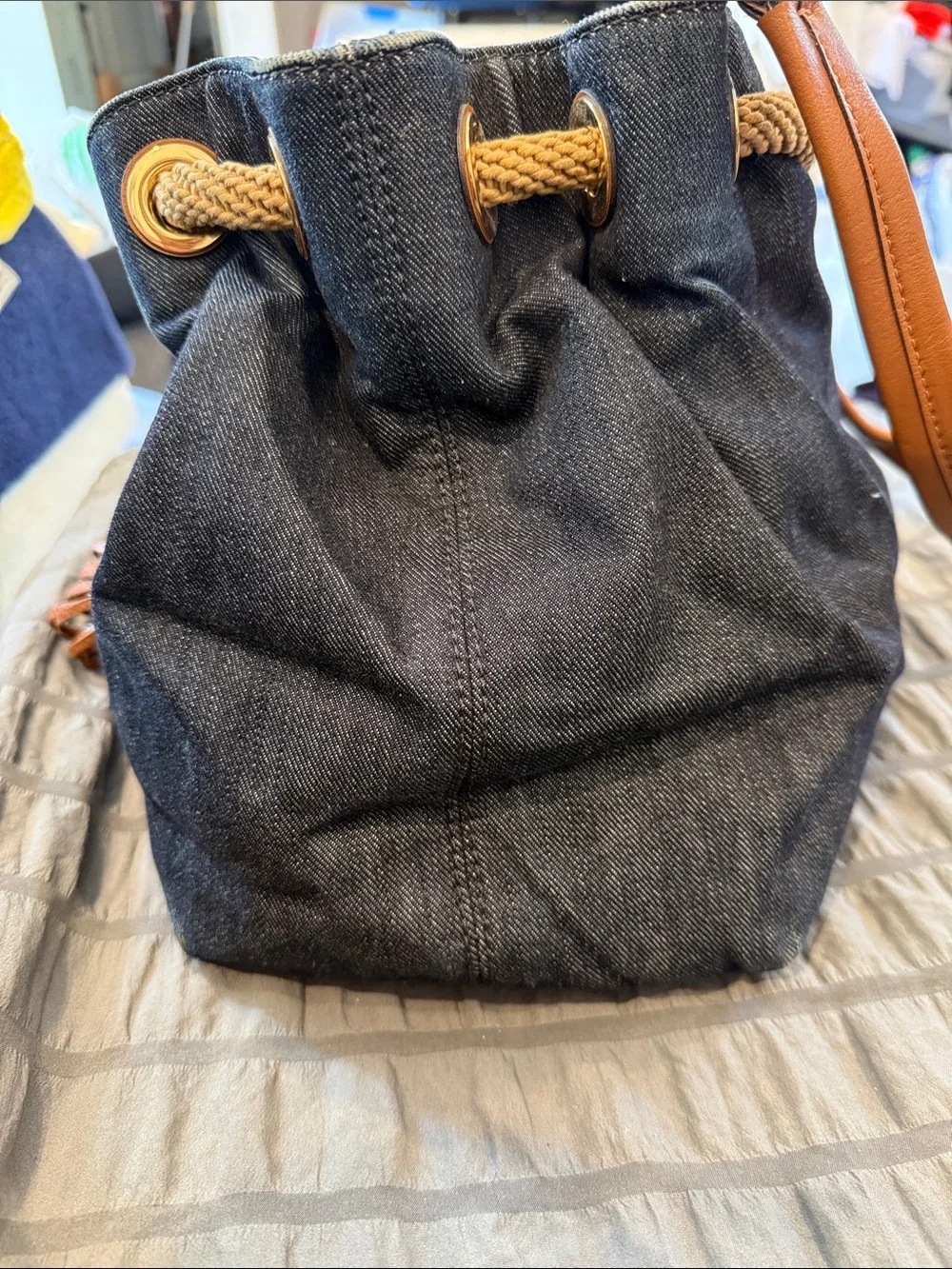 Michael Kors Navy Denim & Brown Leather Tassel Drawstring Hobo